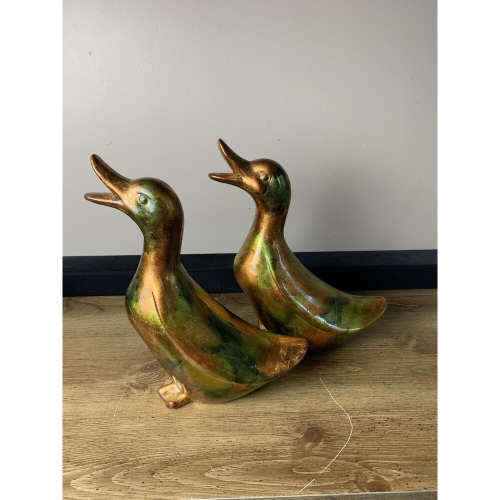 Vintage Iridescent Ceramic Duck Figures Brass Color MCM Unique HTF - Picture 2 of 14